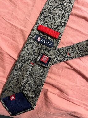 Chaps Paisley Silk Tie in Olive and Black with Navy Tip and Red Loop